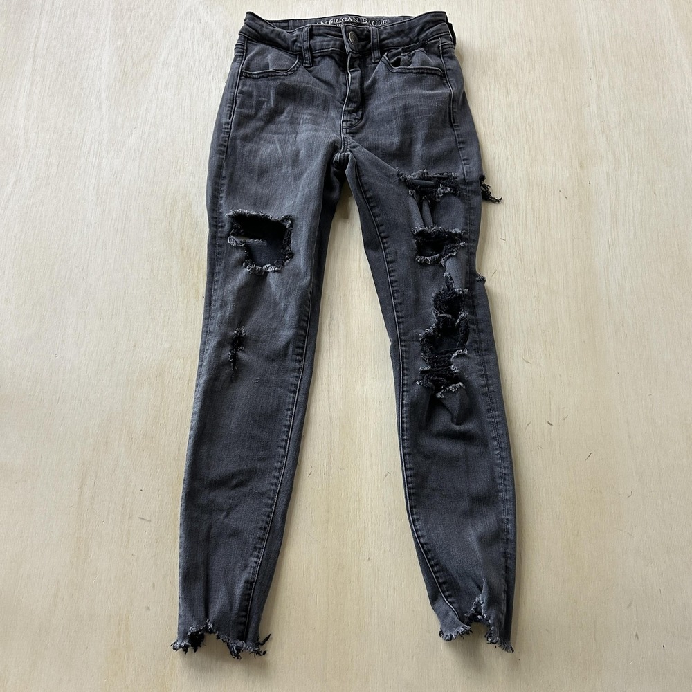 American Eagle Outfitters Jeans Womens 2 Charcoal Gray Distressed Skinny Denim